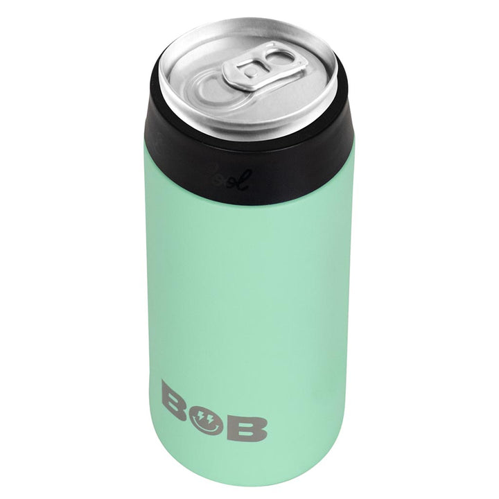 Mint green slim can cooler with black collar and open can top