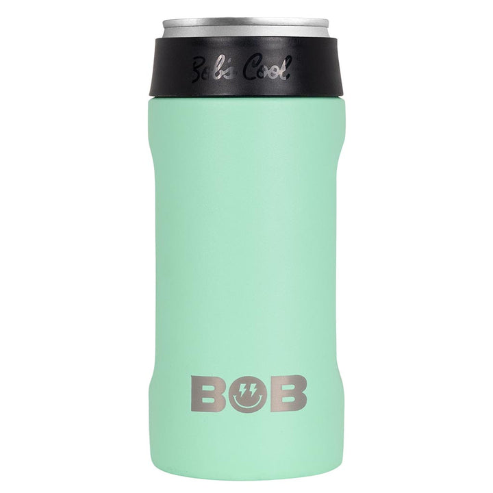 Mint green slim can cooler with black collar and BOB logo