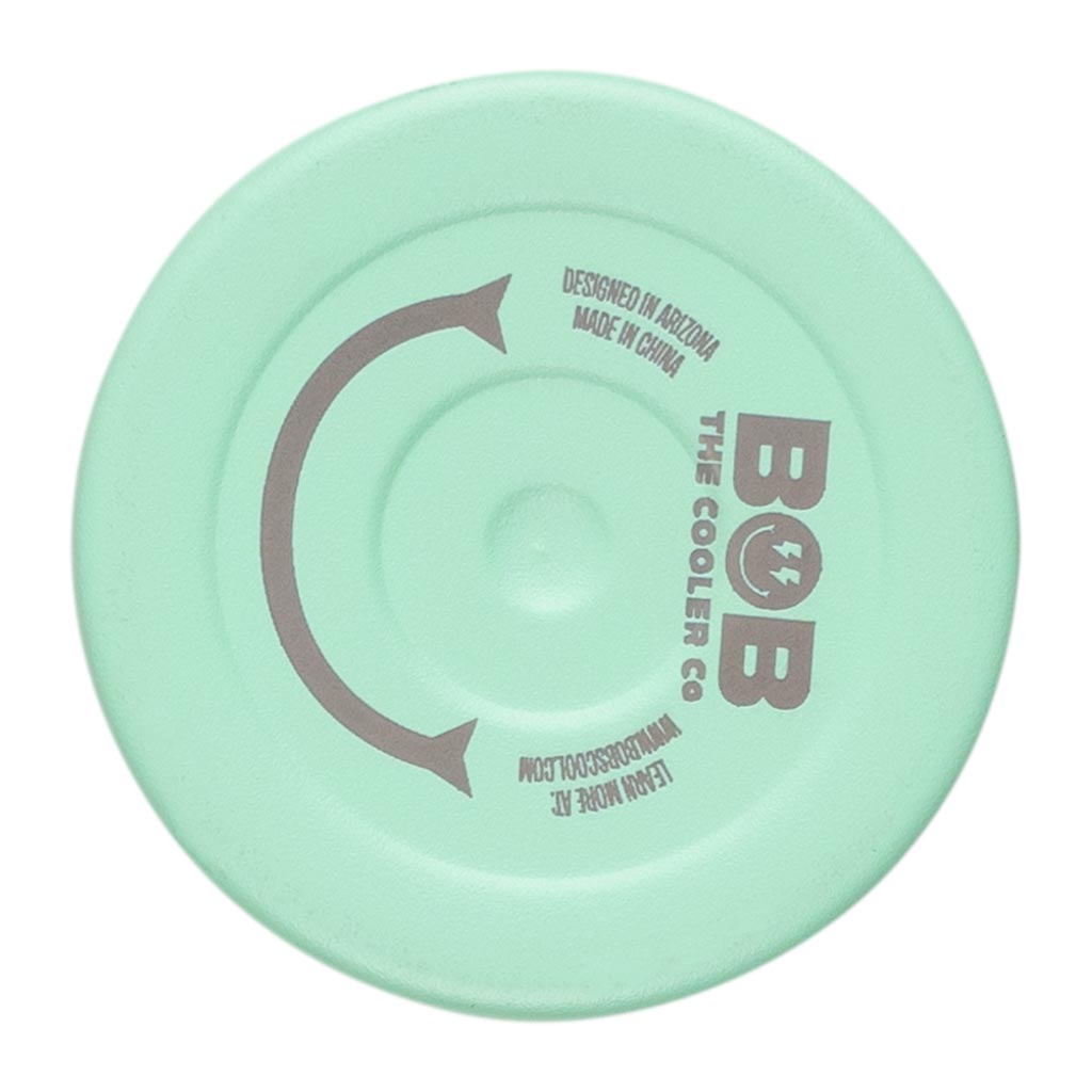Mint green can cooler bottom with BOB logo and recycling-style arrows