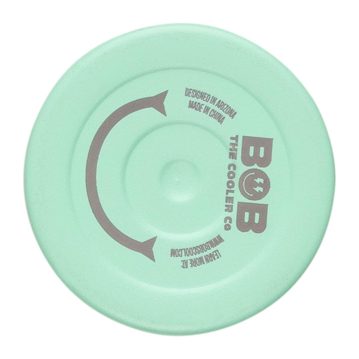 Mint green can cooler bottom with BOB logo and recycling-style arrows