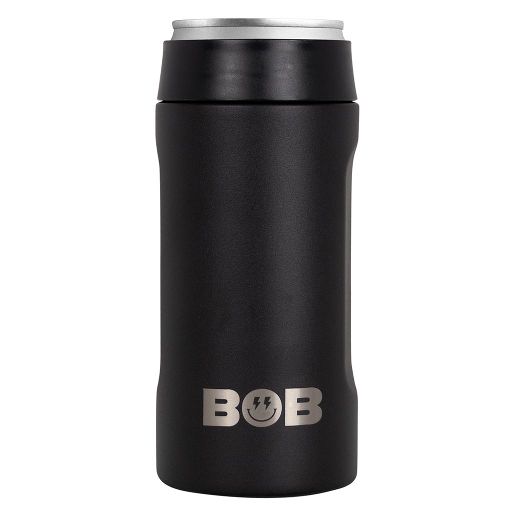 Black slim can cooler with silver lid and BOB logo