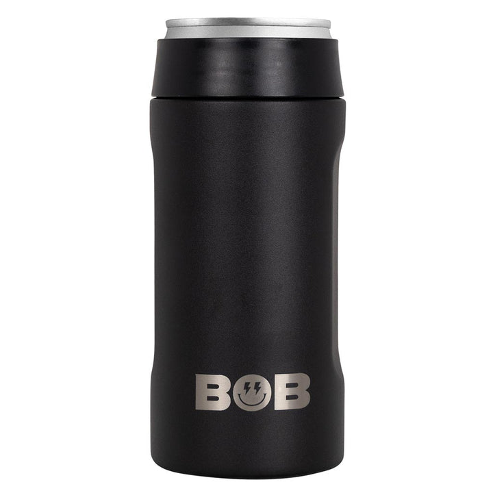 Black slim can cooler with silver lid and BOB logo