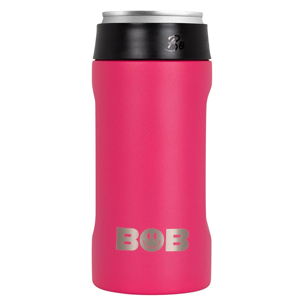 Pink slim can cooler with black collar and BOB logo