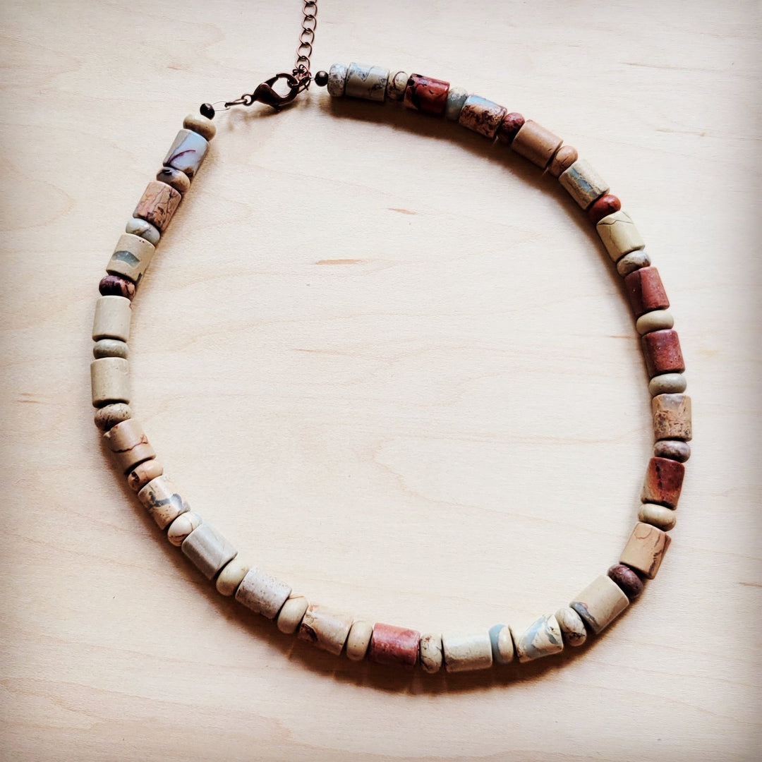 Barrel beaded collar necklace, multicolor beads with copper chain and clasp
