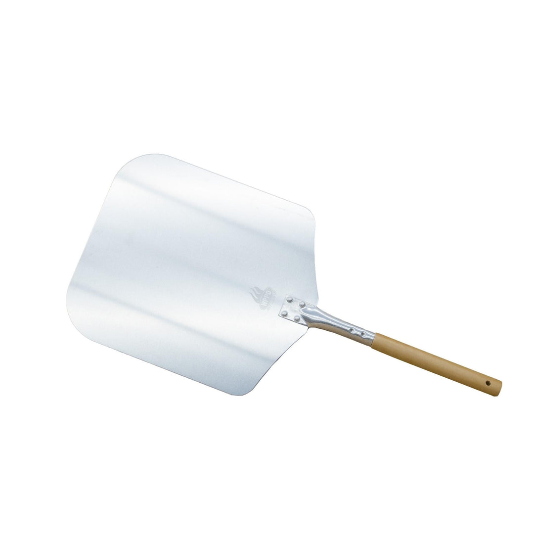 Aluminum pizza peel with curved blade and wood handle, metal rivet attachment