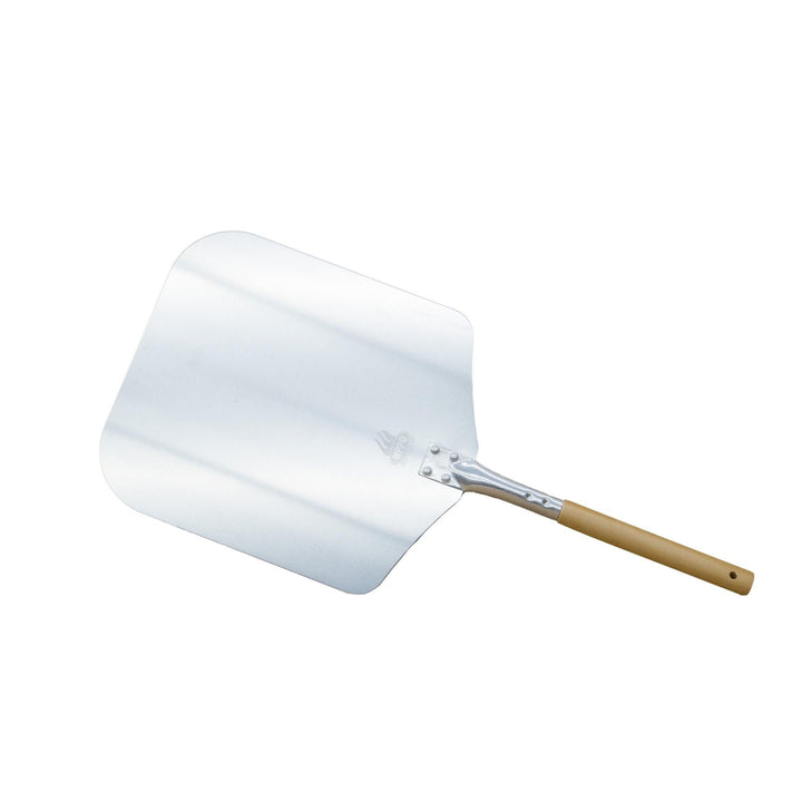 Aluminum pizza peel with curved blade and wood handle, metal rivet attachment