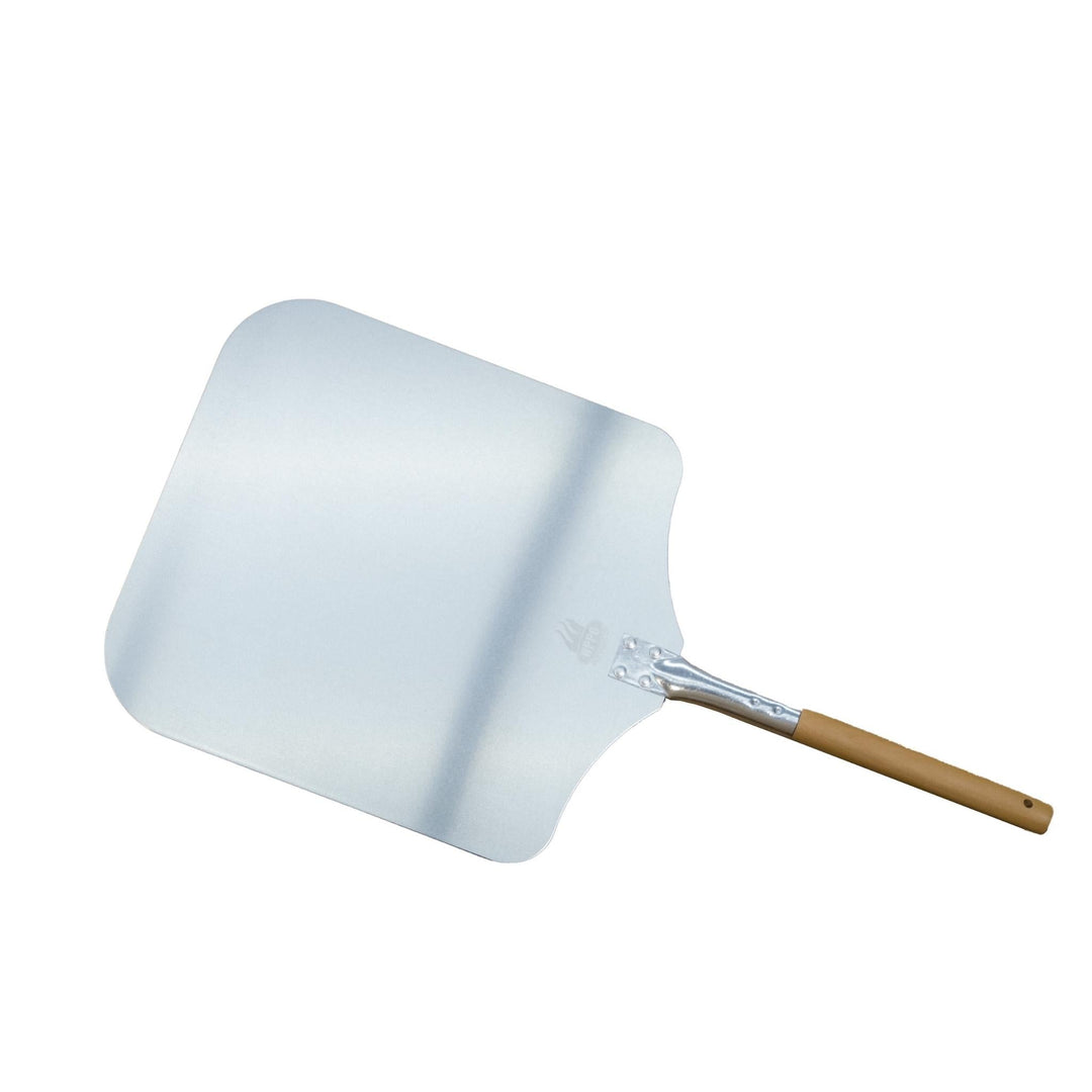 Aluminum pizza peel with wide curved blade and wood handle, metal riveted joint