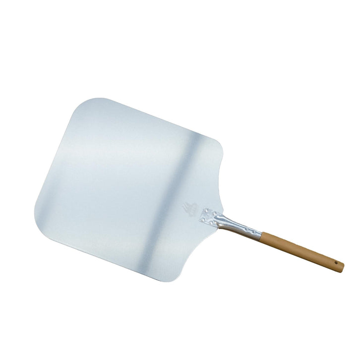 Aluminum pizza peel with wide curved blade and wood handle, metal riveted joint
