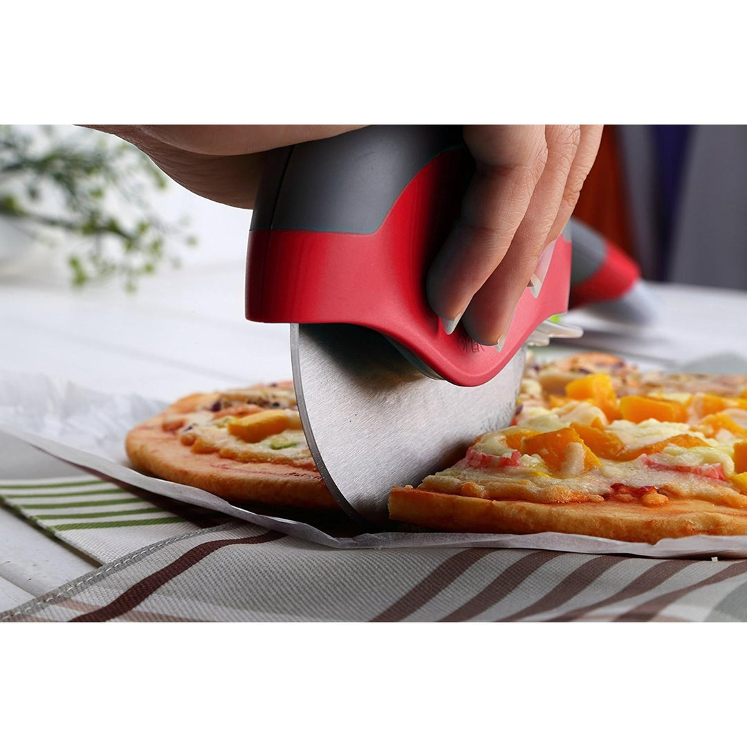 Pizza cutter with red safety shield and stainless blade edge