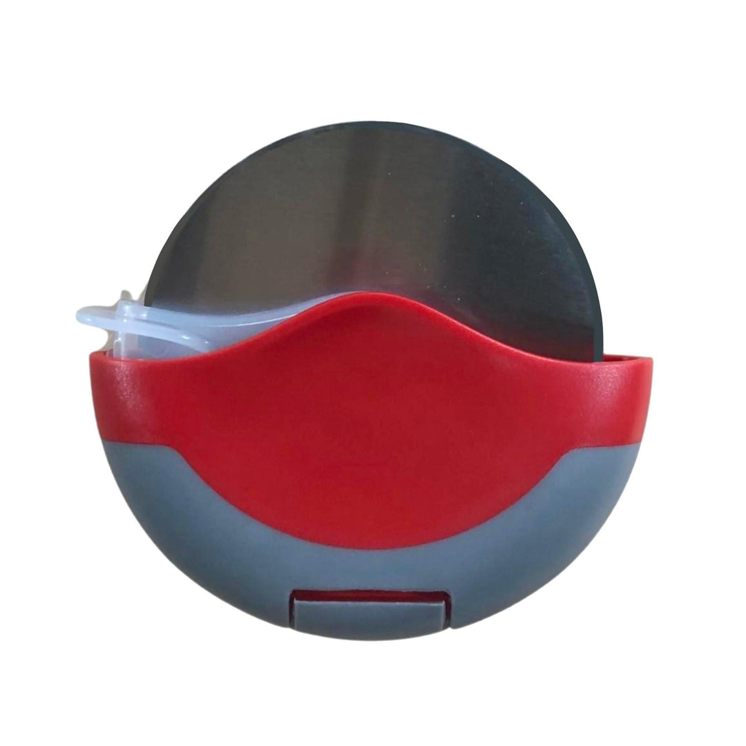 Red and gray pizza cutter with clear protective guard