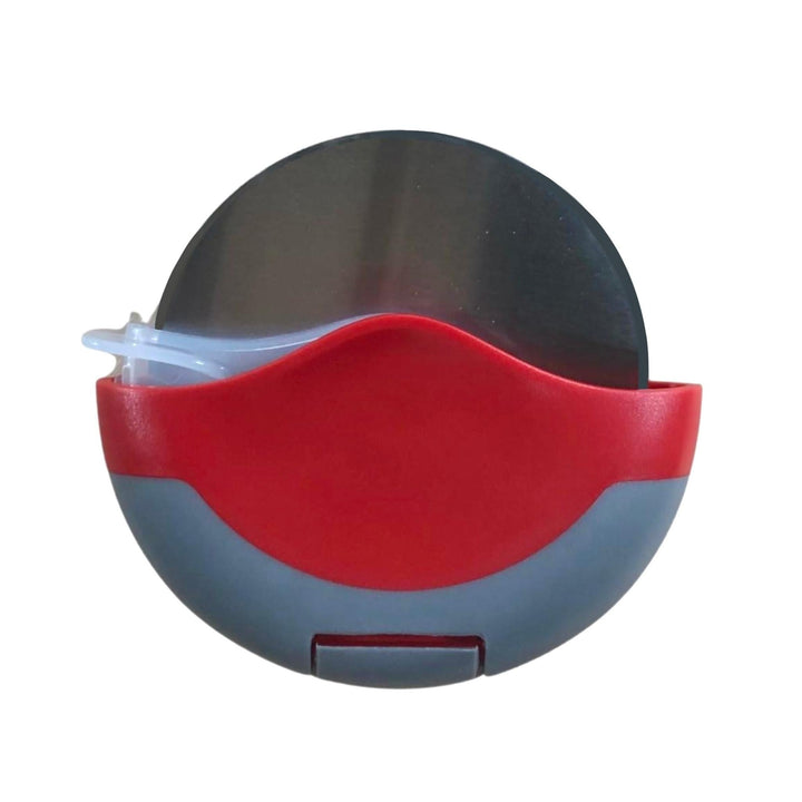 Red and gray pizza cutter with clear protective guard