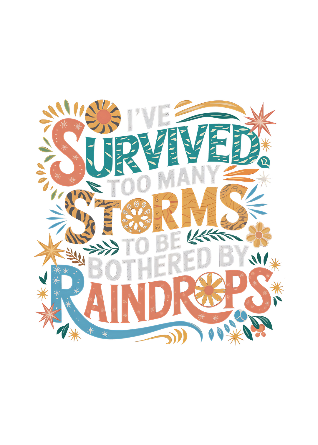 Close-up of colorful “Survived” storm-themed graphic on unisex t-shirt