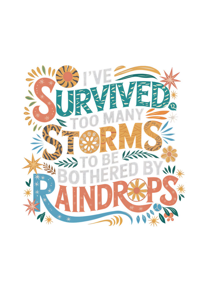 Close-up of colorful “Survived” storm-themed graphic on unisex t-shirt