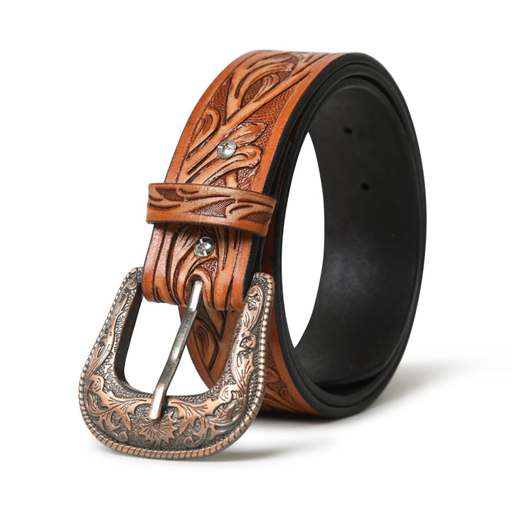 Brown and black cowboy belt with embossed leather and engraved silver buckle
