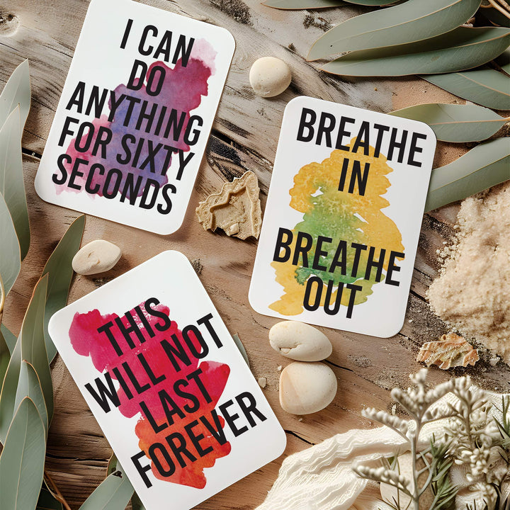 Birth affirmation cards: “I can do anything for sixty seconds” and “Breathe in breathe out”.