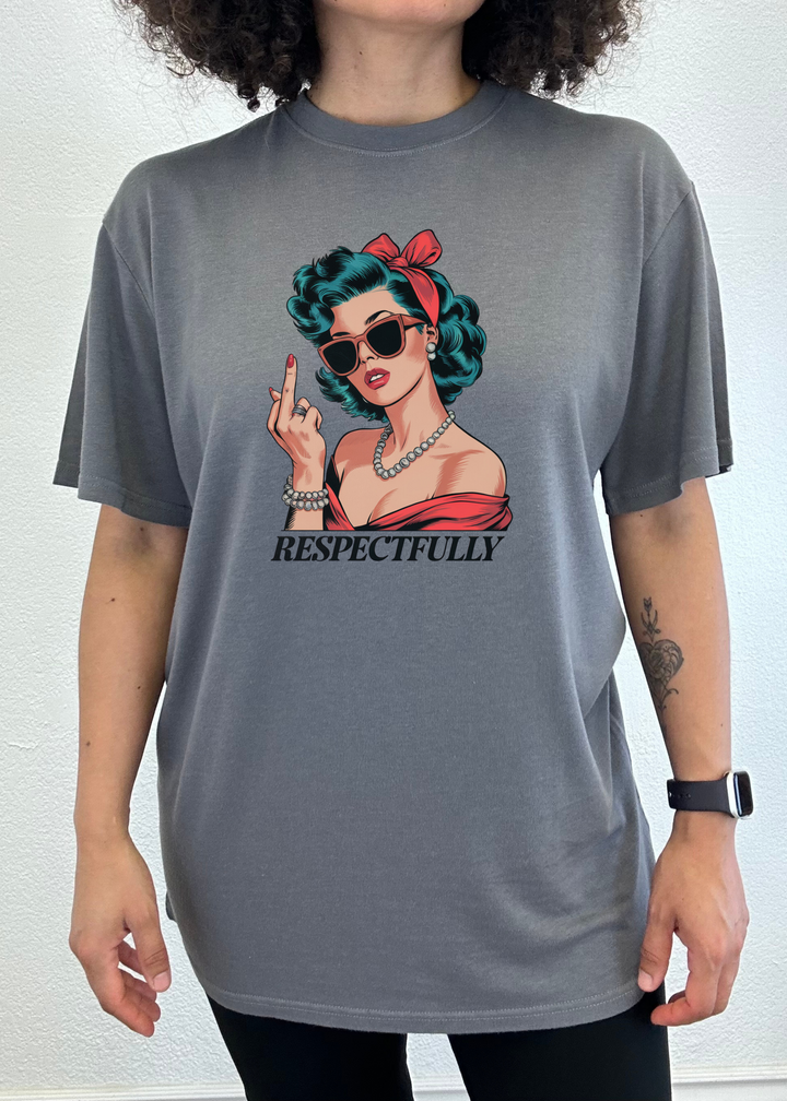 Unisex graphic T-shirt in gray with illustrated woman and raised two-finger gesture