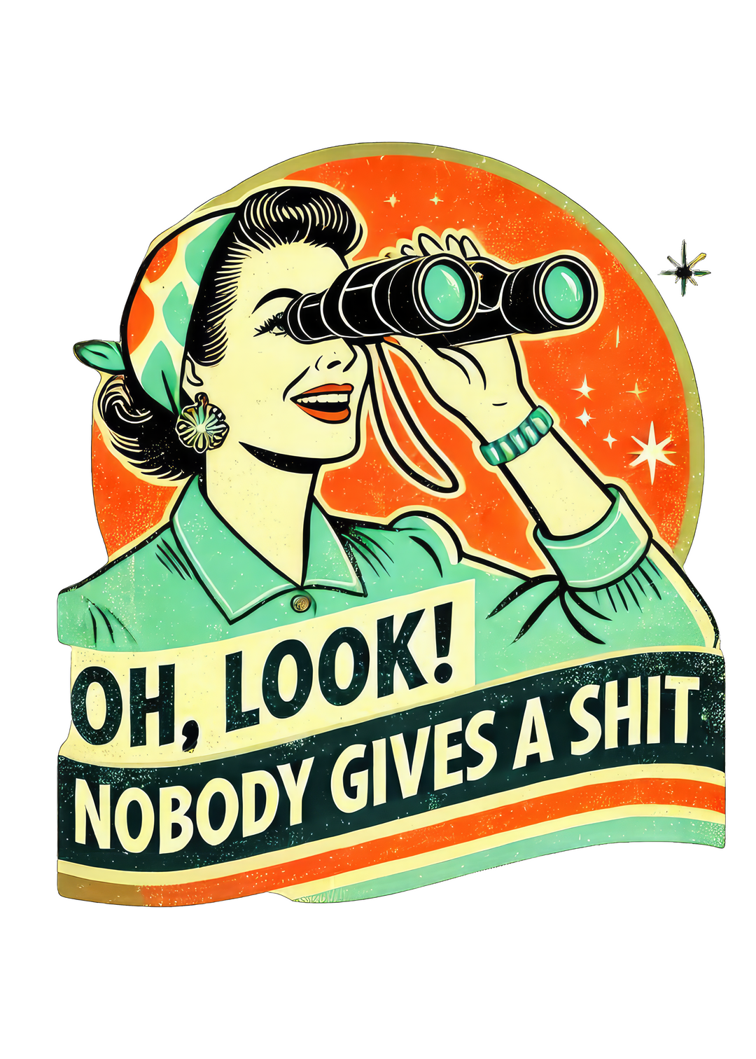 Unisex graphic T-shirt chest print: retro woman with telescope in orange halo