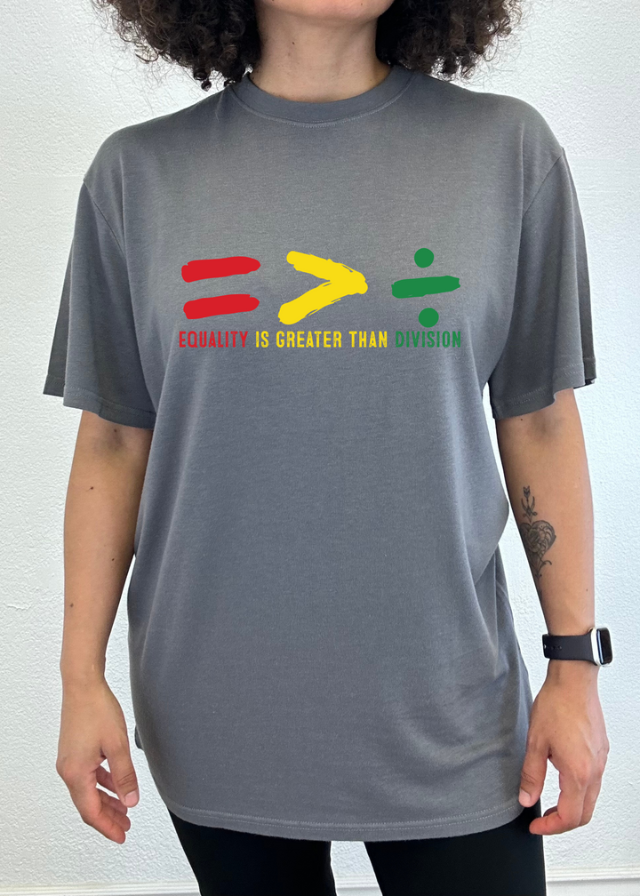 Charcoal gray unisex crew-neck T-shirt with multicolor equality graphic on chest.