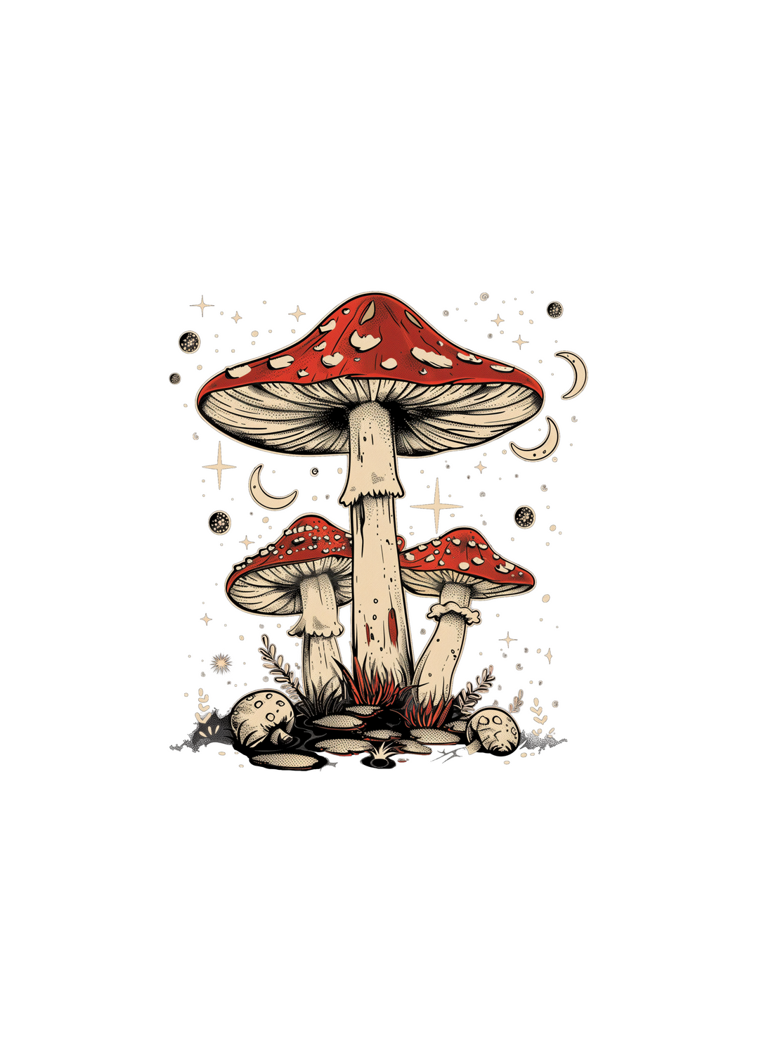 Red-capped mushroom graphic print for t-shirt with small stars and swirls