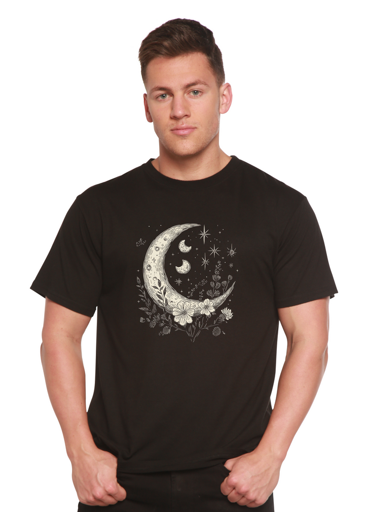 Black unisex graphic T-shirt with crescent moon, stars, and floral boho print