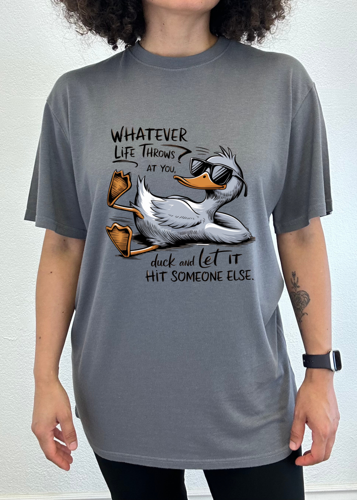 Dark gray unisex graphic T-shirt with duck illustration and motivational text