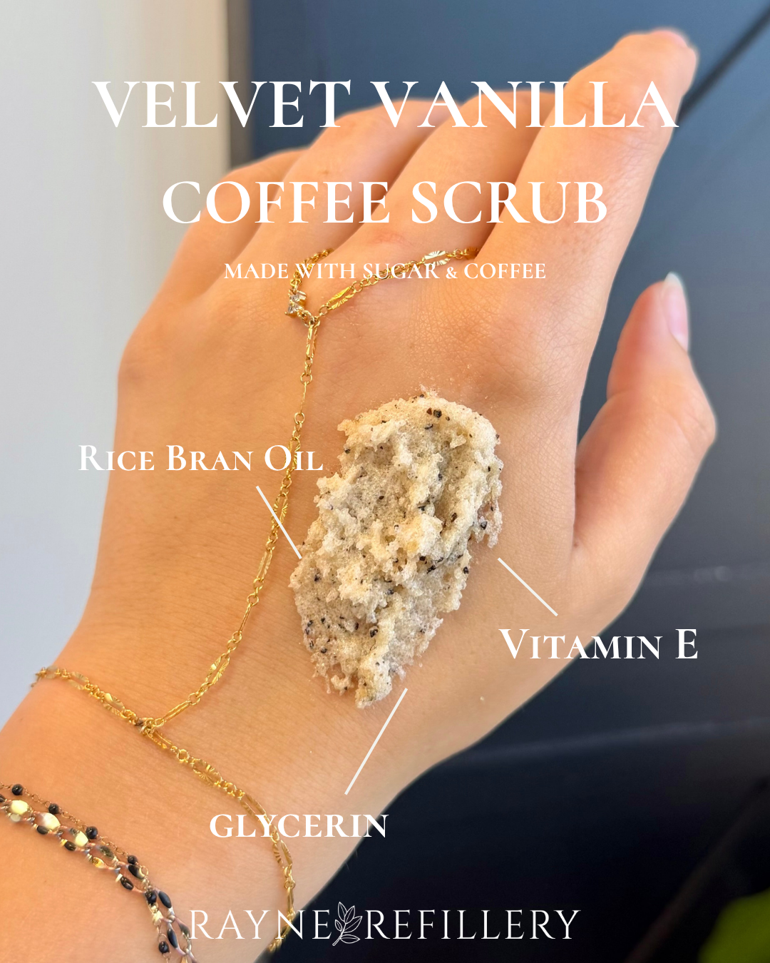 Velvet Vanilla coffee scrub on hand: whipped, gritty scrub texture for exfoliation