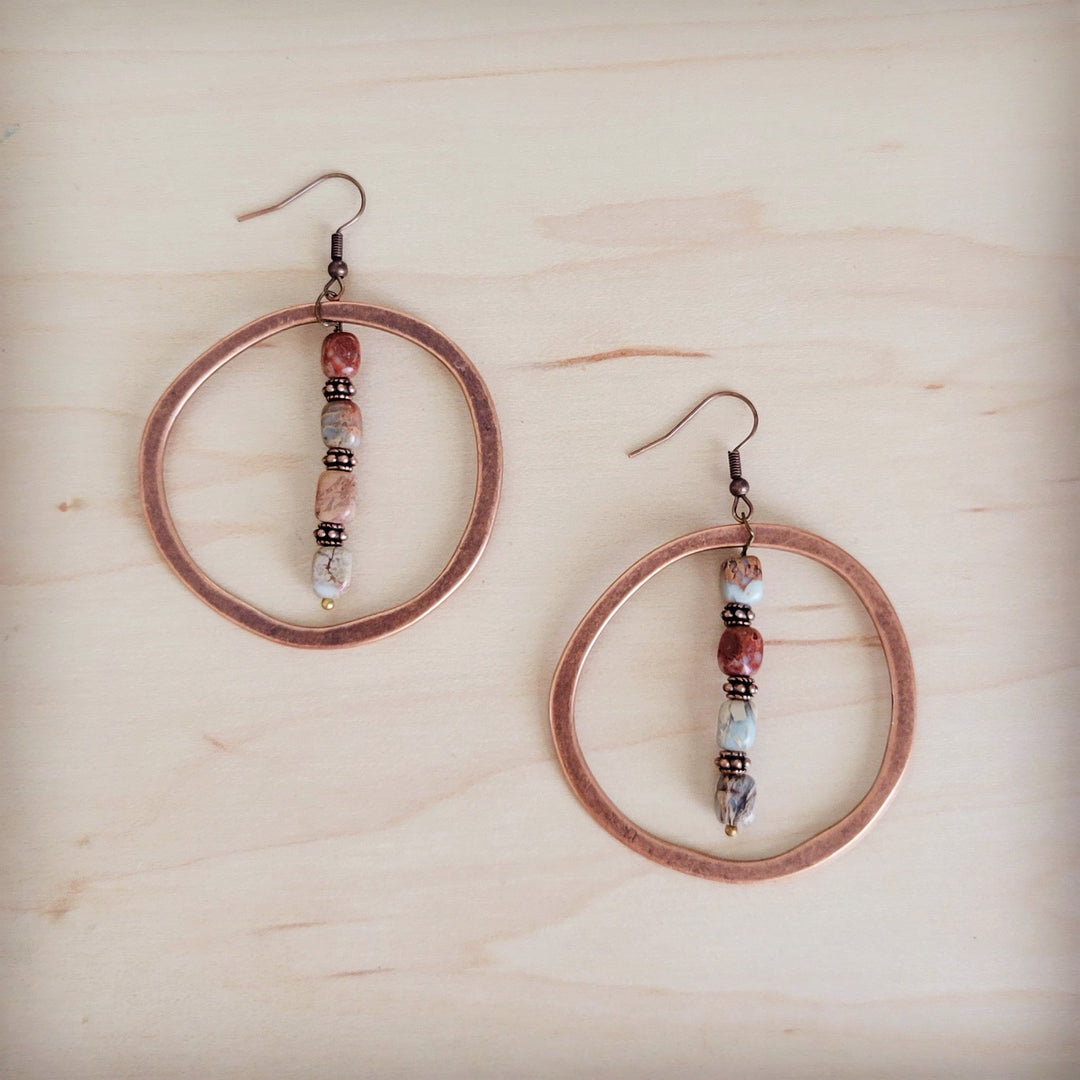 Copper hoop earrings with multicolor bead drops and red and white accents