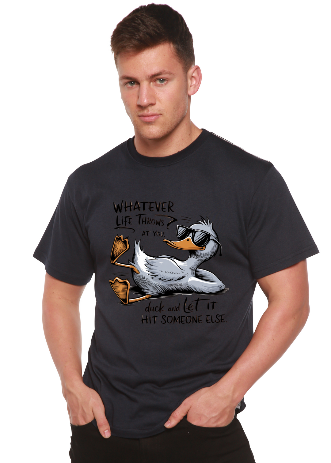 Unisex navy graphic T-shirt with duck sunglasses and “let it hit someone else” text