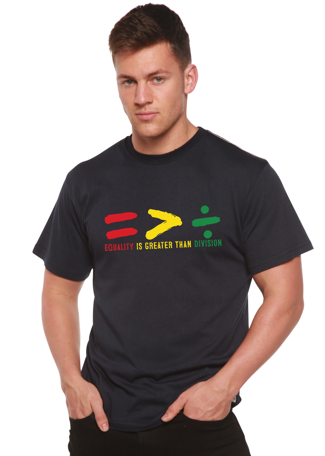 Dark navy unisex crew-neck T-shirt with multicolor equality graphic and slogan.