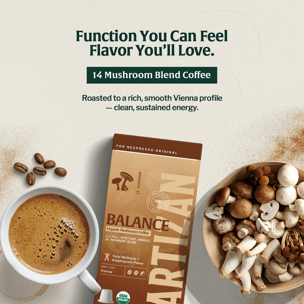 Balance organic mushroom coffee pack with cup and assorted mushrooms