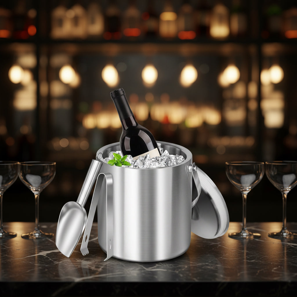 Double-Wall Stainless Steel Insulated Ice Bucket 3L Ice Holder Ice Container with Lid Scoop Strainer Handle for Wine Champagne Beer Parties Cocktails