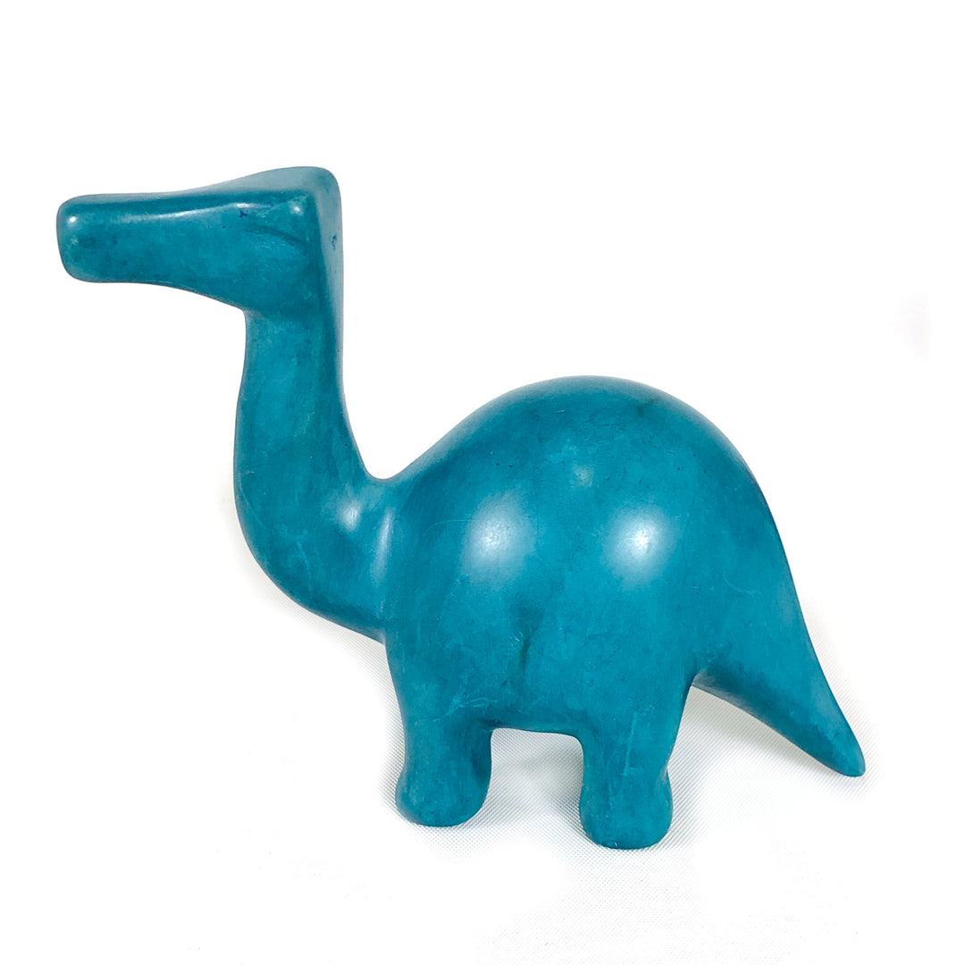 Teal soapstone dinosaur figurine, curved tail and four legs