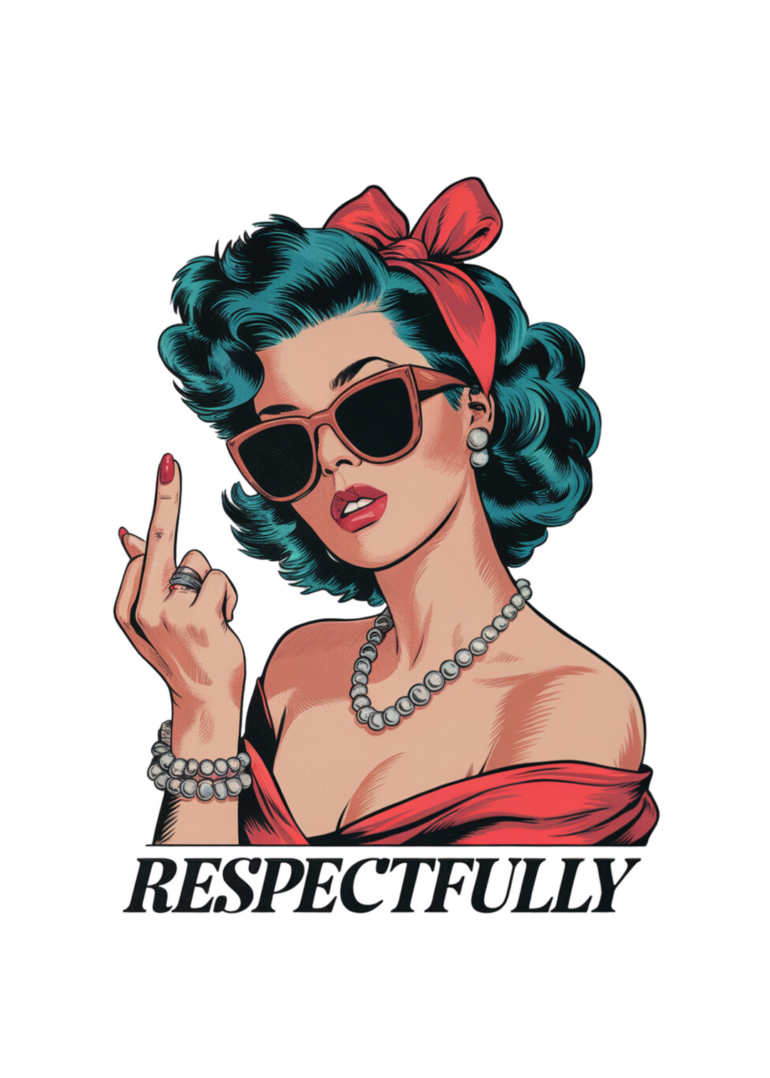 Unisex t-shirt graphic close-up: teal-haired woman, red bow, &