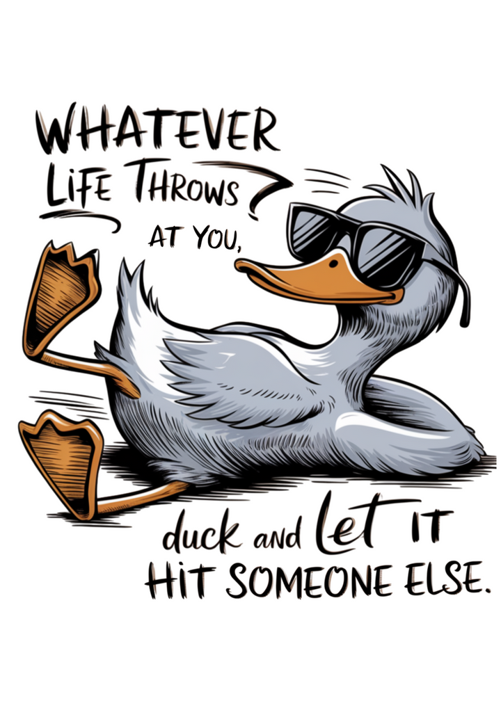 Unisex graphic T-shirt close-up: duck with sunglasses and “let it hit someone else” text