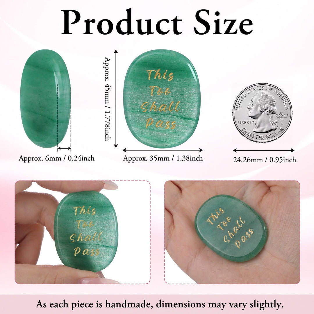Green oval crystal stone with gold “This Too Shall Pass” inscription and size view