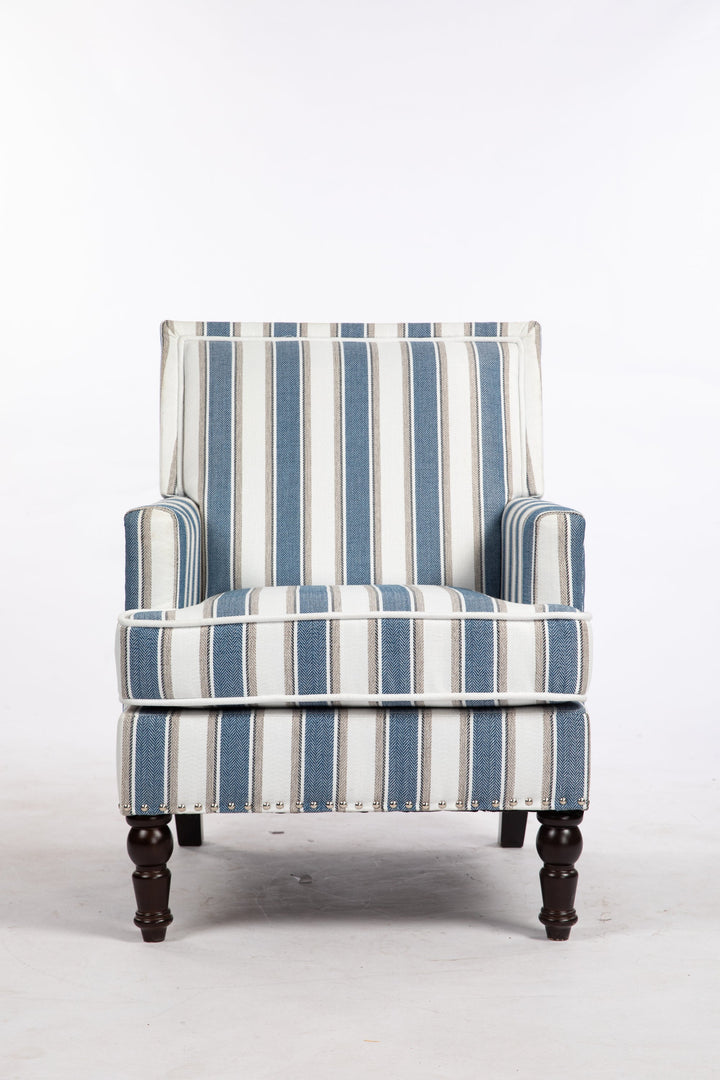 Accent Chair Vintage Striped Linen Blue White Nailhead Solid Wood Legs