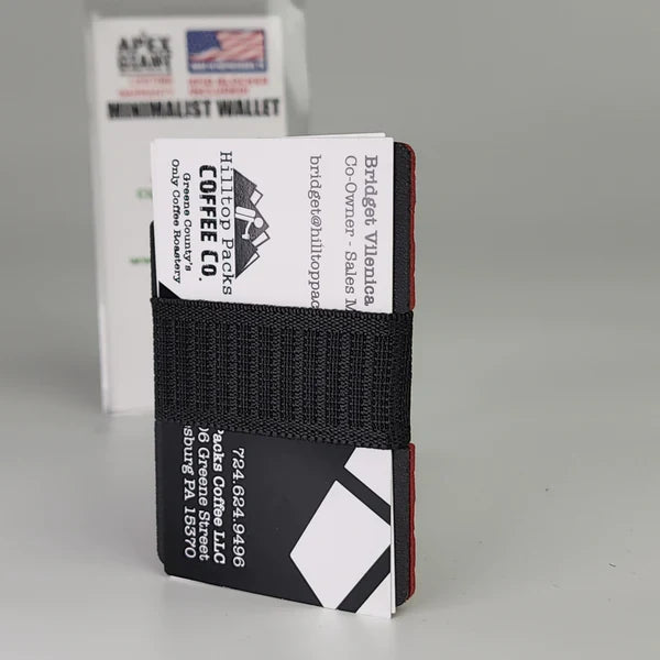 Black minimalist wallet with card slots and black elastic band securing contents.