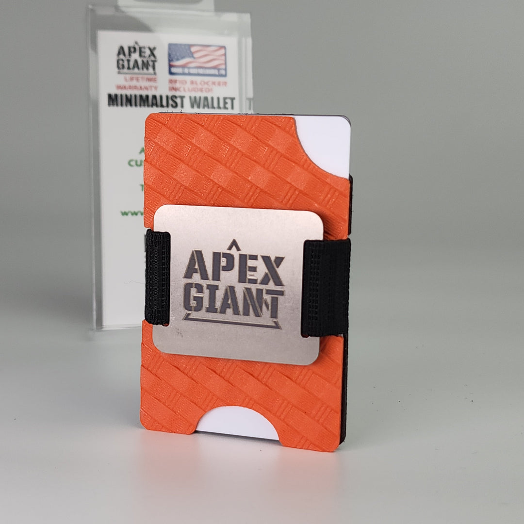 Hunter orange minimalist wallet with basket weave texture and black elastic money band