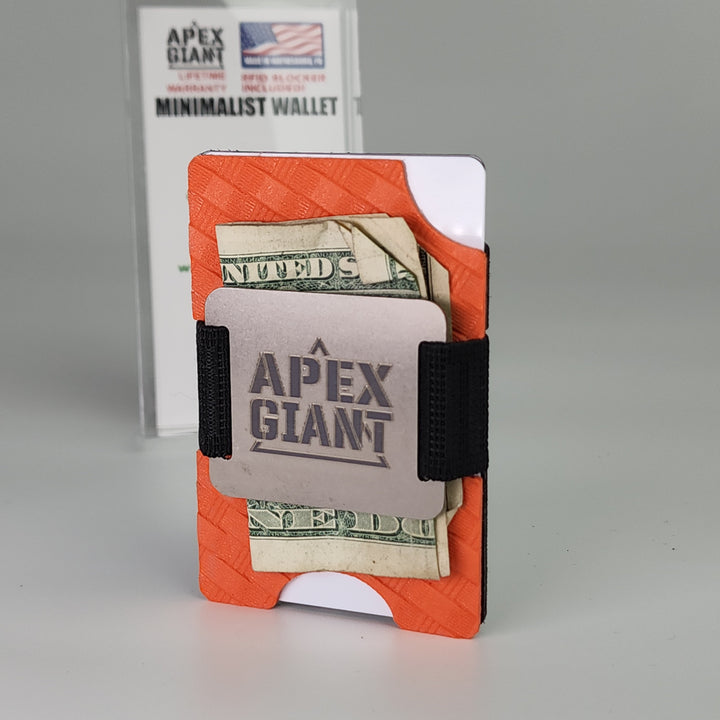 Hunter orange minimalist wallet with basket weave texture, black strap, and card window