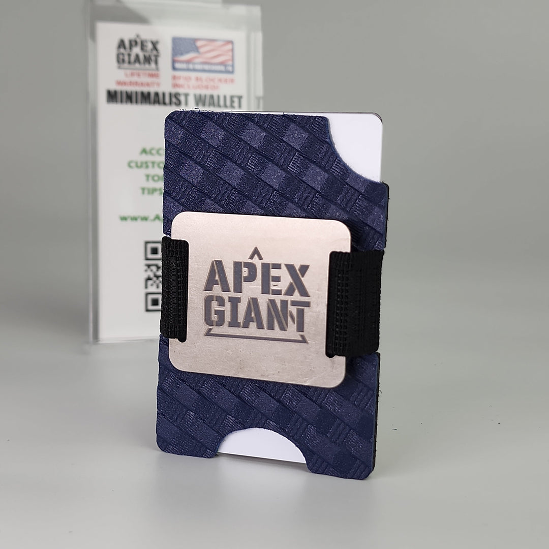 Blue basket-weave minimalist wallet with card holder and black elastic strap