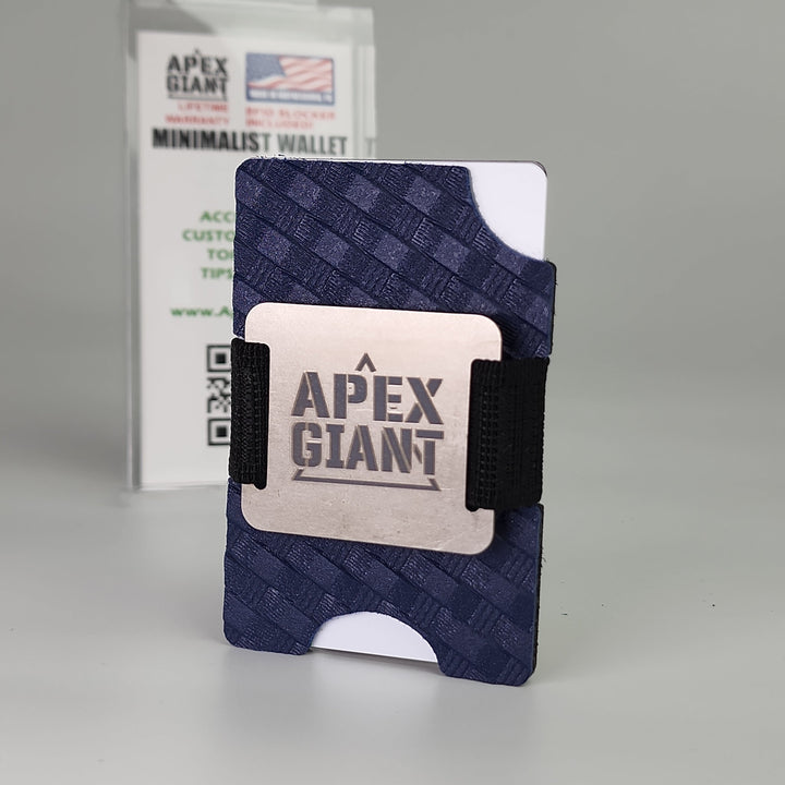 Blue basket-weave minimalist wallet with card holder and black elastic strap