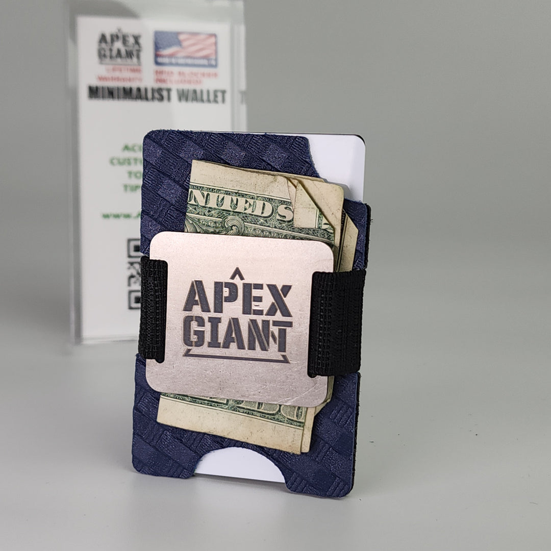 Blue basket-weave minimalist wallet holding cash and cards, with black elastic strap