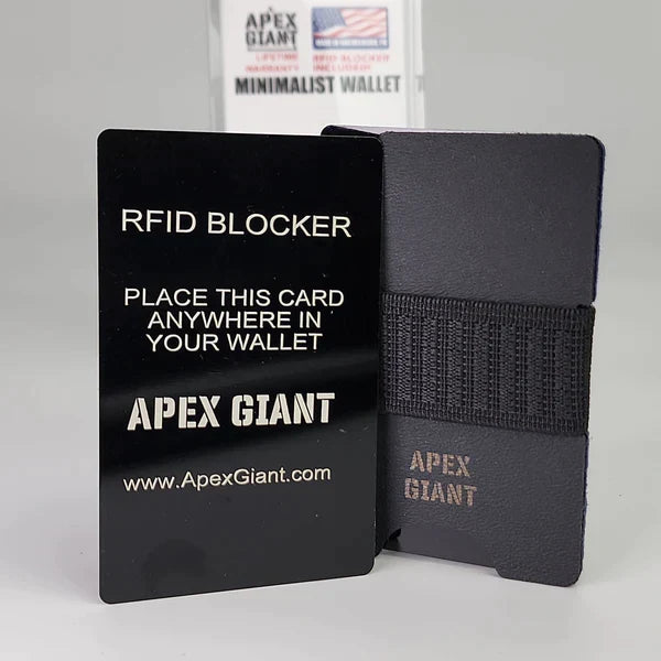 RFID blocker card and minimalist wallet sleeve with black elastic band, APEX GIANT.