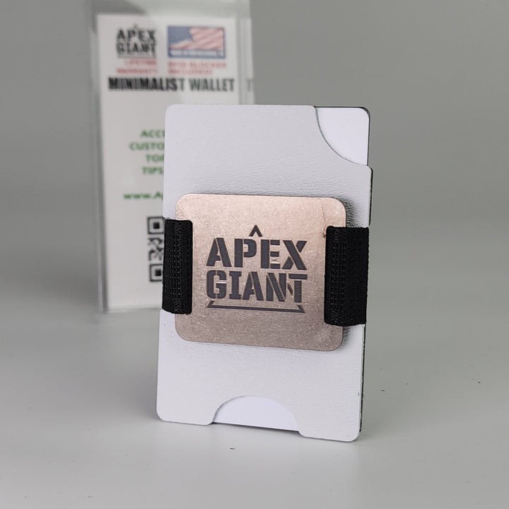 White minimalist wallet with black elastic strap and APEX GIANT logo on front.