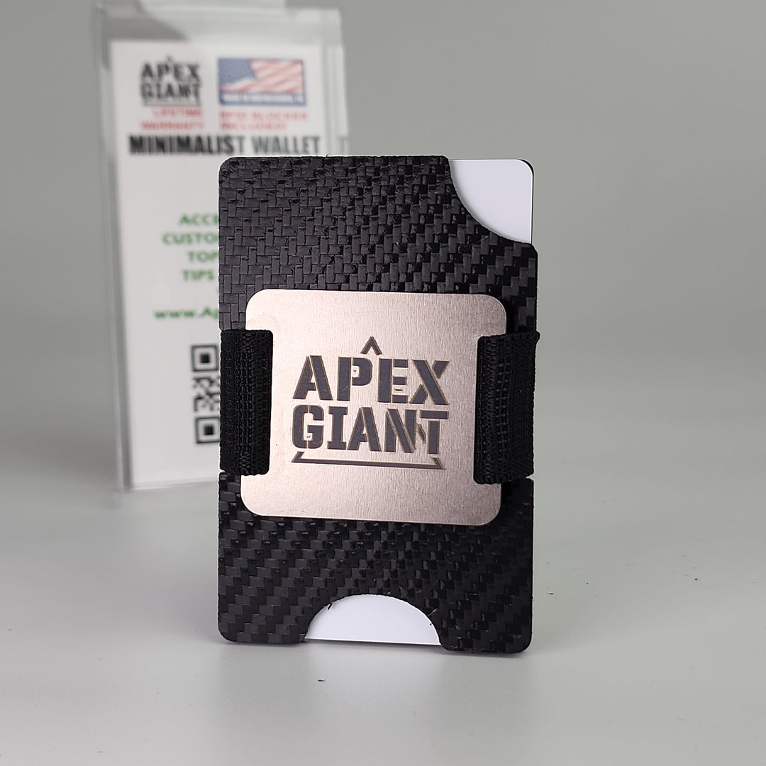 Black carbon fiber minimalist wallet with APEX GIANT badge and elastic strap
