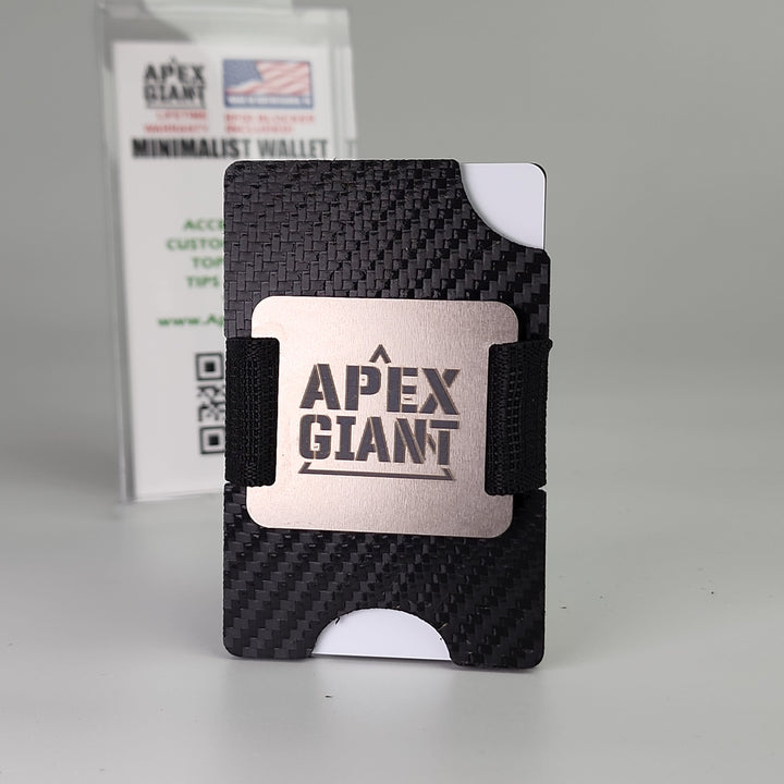Black carbon fiber minimalist wallet with APEX GIANT badge and elastic strap