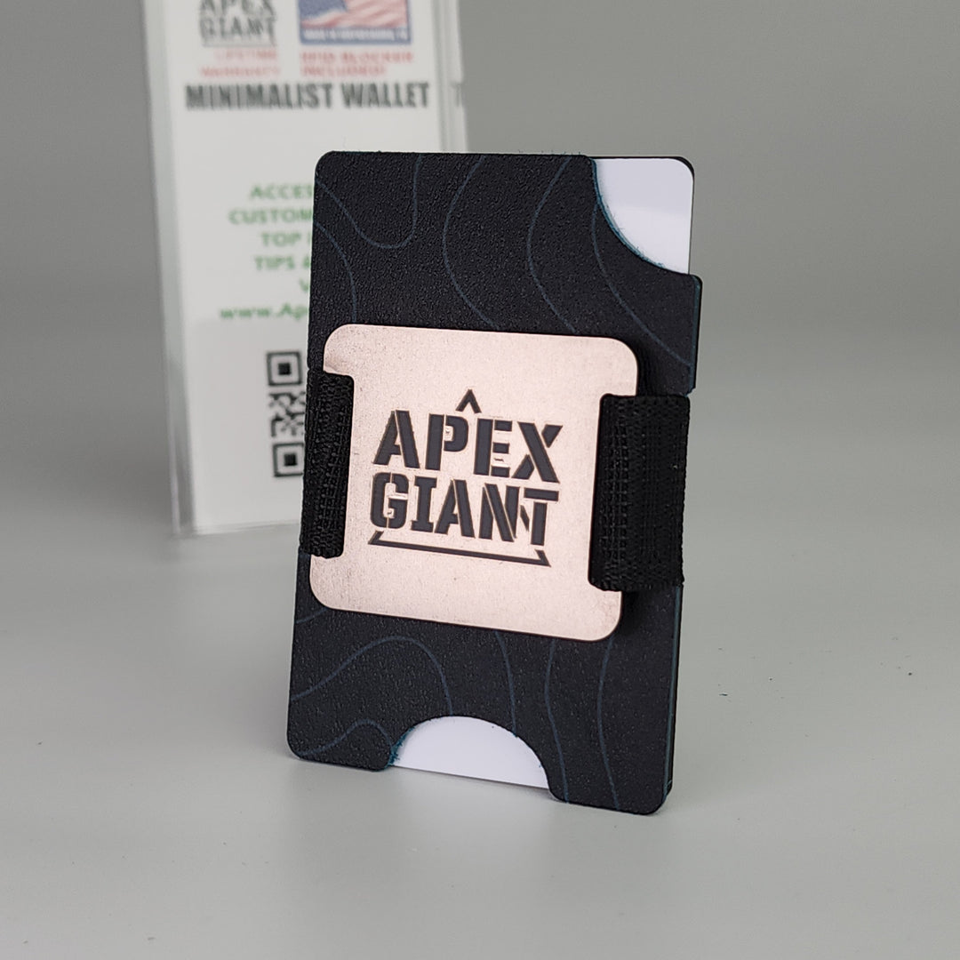 Black patterned minimalist wallet with APEX GIANT logo and elastic card bands
