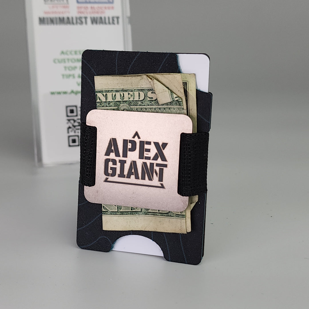 Black patterned minimalist wallet holding cash and an APEX GIANT logo card