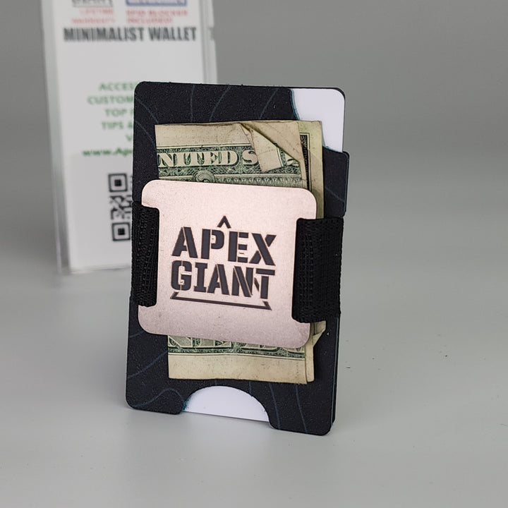 Black patterned minimalist wallet holding cash and an APEX GIANT logo card