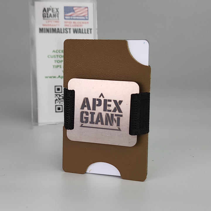 Coyote brown minimalist wallet with black elastic strap and APEX GIANT logo holder
